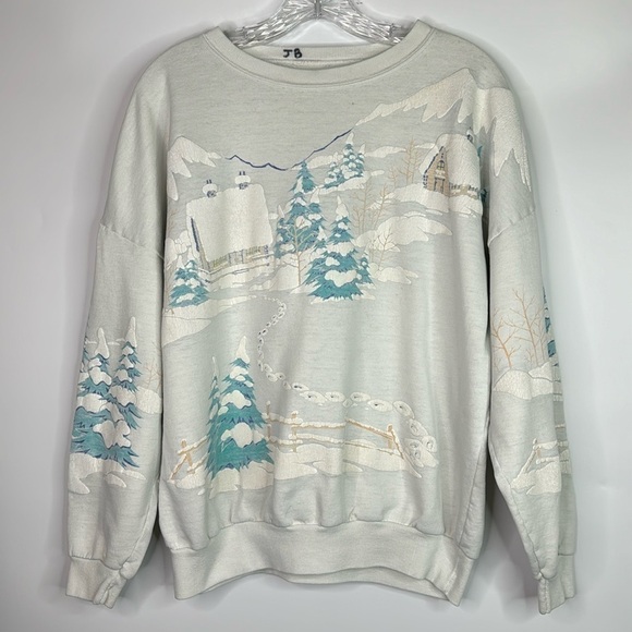 Vintage Winter AOP Ski Puffy Paint Sweatshirt XL/XXL - Picture 1 of 10